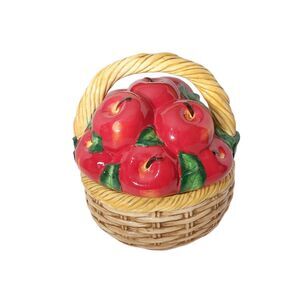 Vtg Ceramic Apple Basket Cookie Jar 12" Large Red Apples Wicker Canister Lidded